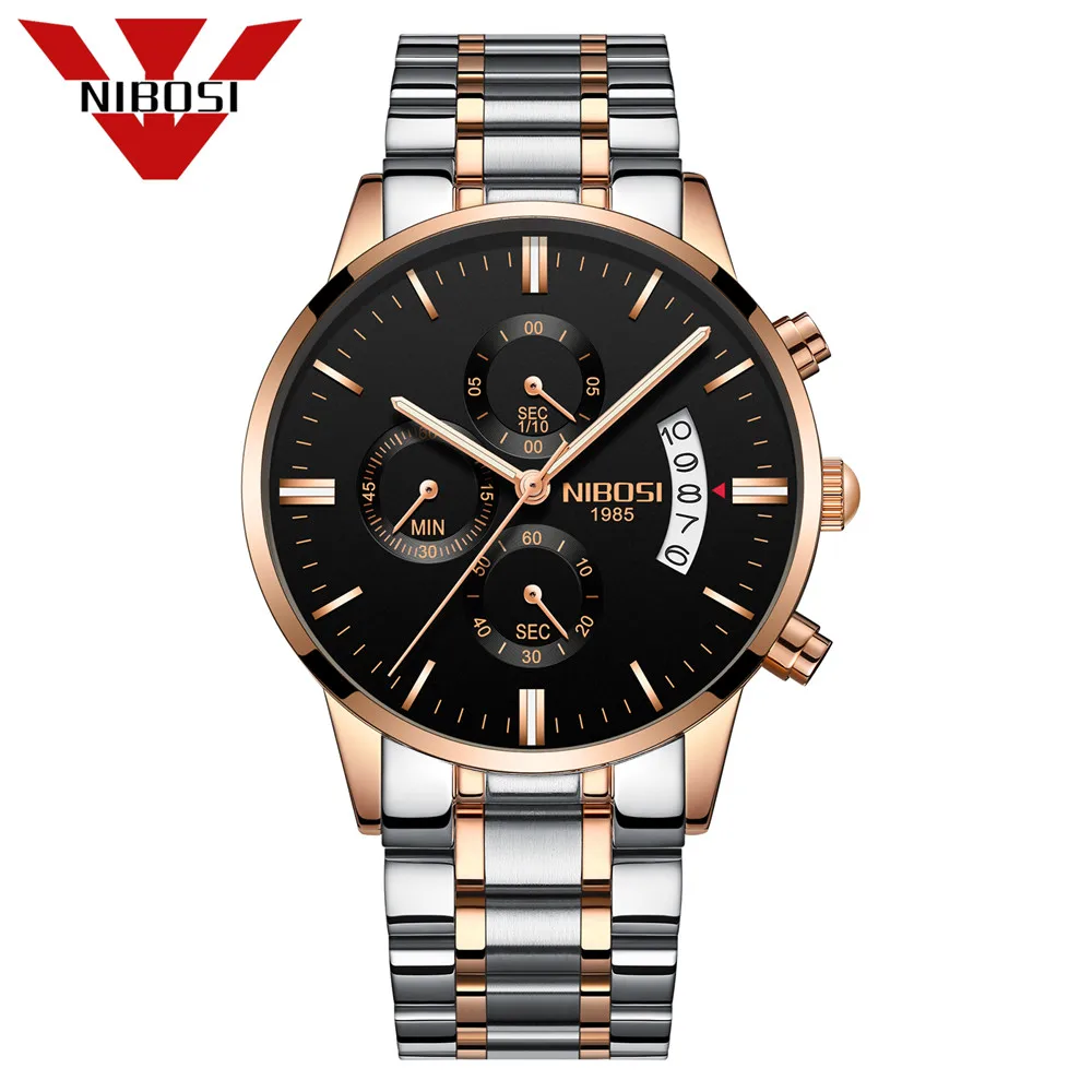 Nibosi Для мужчин Часы известный бренд Часы Для мужчин Роскошные Повседневное мужской часы человек Спортивные кварцевые Для мужчин наручные часы Relogio masculino - Цвет: Rose gold Black