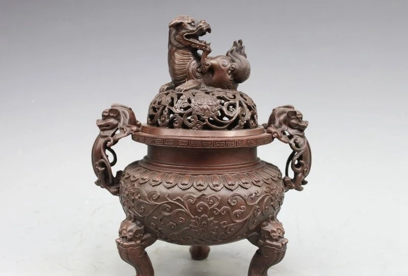 

Tibet Pure Bronze Copper Two Dragon Kirin Foo Dog Lion Incense Burner Censer a 0518