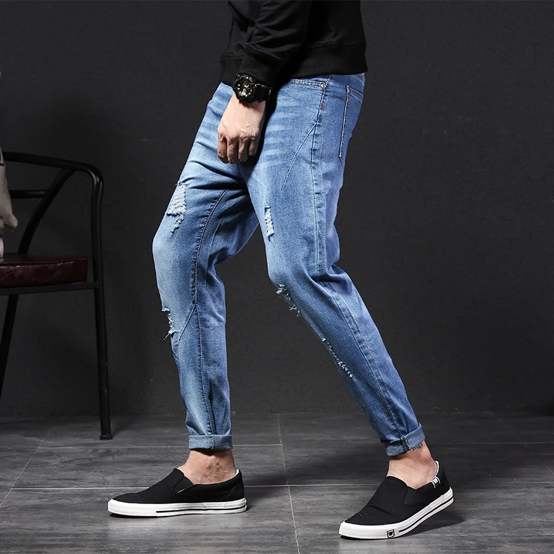 2018 high quality Men's elastic blue jeans men denim Nine pants Slim Regular Straight fit homme Trousers Jean male biker jeans