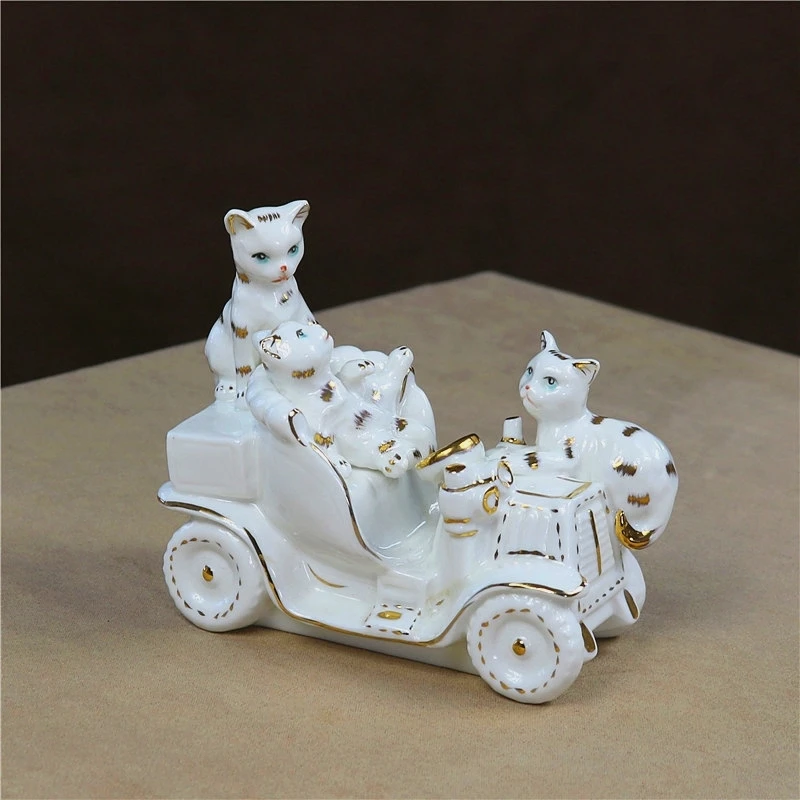 

Porcelain Holiday Cat Figurine Handmade Ceramics Vintage Car Model Kitty Miniature Novelty Decor Art and Craft Ornament Present