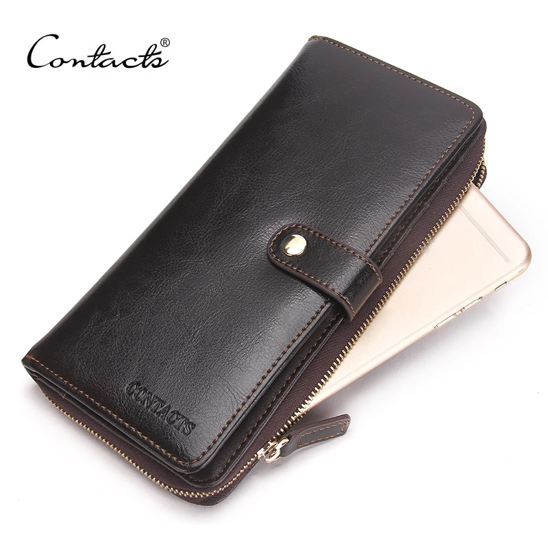 CONTACT'S Genuine Leather Men Wallets Hasp Zipper Design Business Male Wallet Fashion Purse Card Holder Mobile Phone Long Clutch 