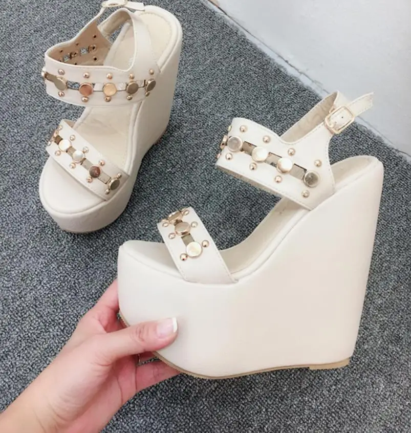 

Spring and summer new slope with 17cm nightclub thick-soled sponge cake pearl hate high high-heeled shoes sandals