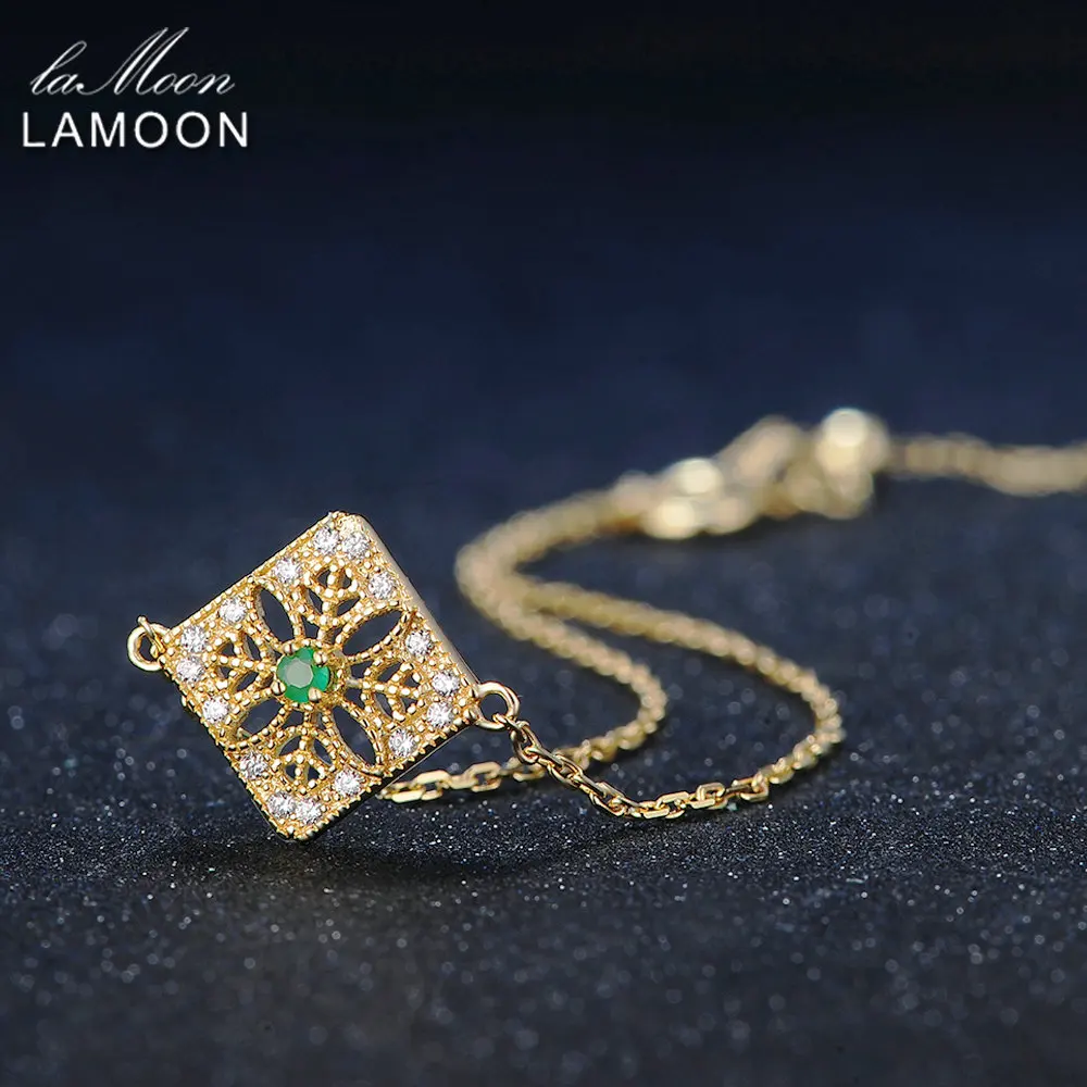LAMOON 14K Yellow Gold Charm Bracelet For Women 0.06ct 100% Natural Emerald S925 Sterling Silver Fine Jewelry Accessory HI003