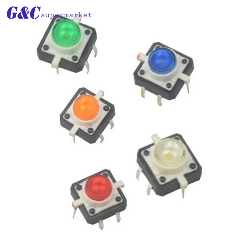 

5PCS 12*12mm Tactile Push Button Switch Momentary Tact 12X12mm With LED Lights 12x12 mm Power Switch 5 color