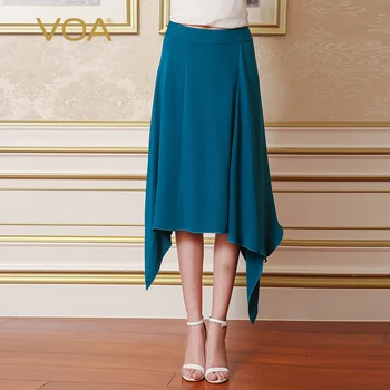 

VOA Heavy Silk A Line Skirt Women Irregular Long Skirts Casual Summer Bottoms Cyan Ladies jupe longue femme C5506