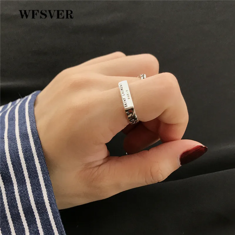 

WFSVER korea style 925 sterling silver ring for women rectangular letter chain opening adjustable rings fine jewelry gift