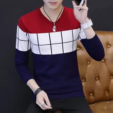 Fall 2017 new v-neck color matching men’s sweaters Checked sweater long-sleeved stripes
