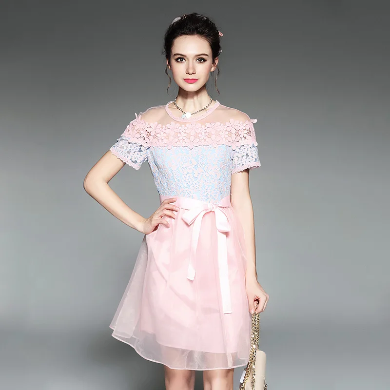 

High Quality Brand L to 5XL Plus size Women Dress 2017 New Short sleeve See Through Patchwork Floral Lace Summer Dresses w/Belt