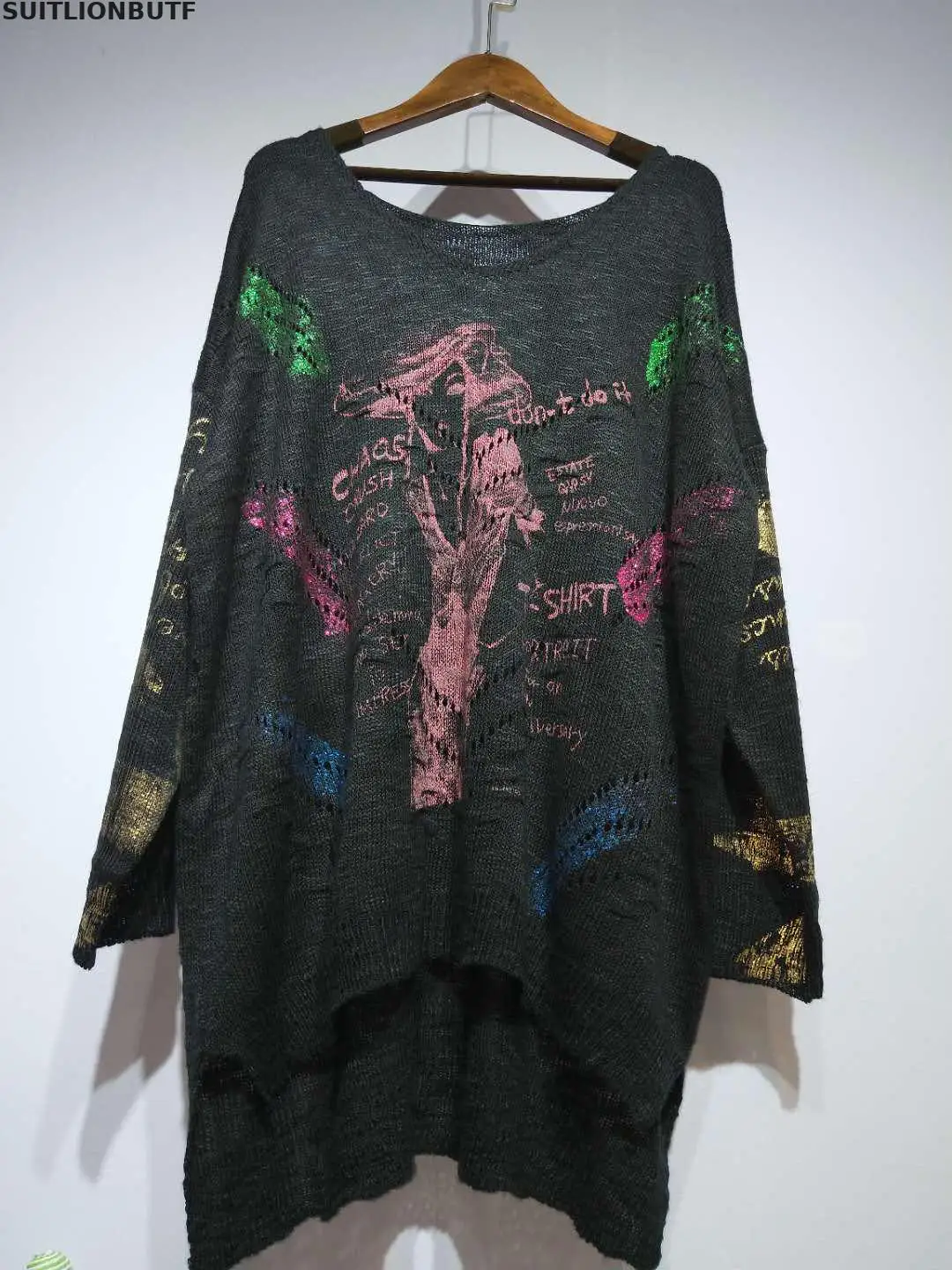 

Knitted Spring Blended Cotton Women Sweater Abstract Pattern Hot Stamping Sweaters Punk Style Perfect Quality Sweater Women