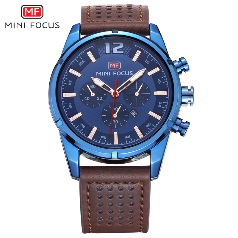 

MINI FOCUS Top Brand Luxury Retro Sport Chronograph Quartz Wrist Watch Men Blue Leather Strap Multifunction Waterproof Watches