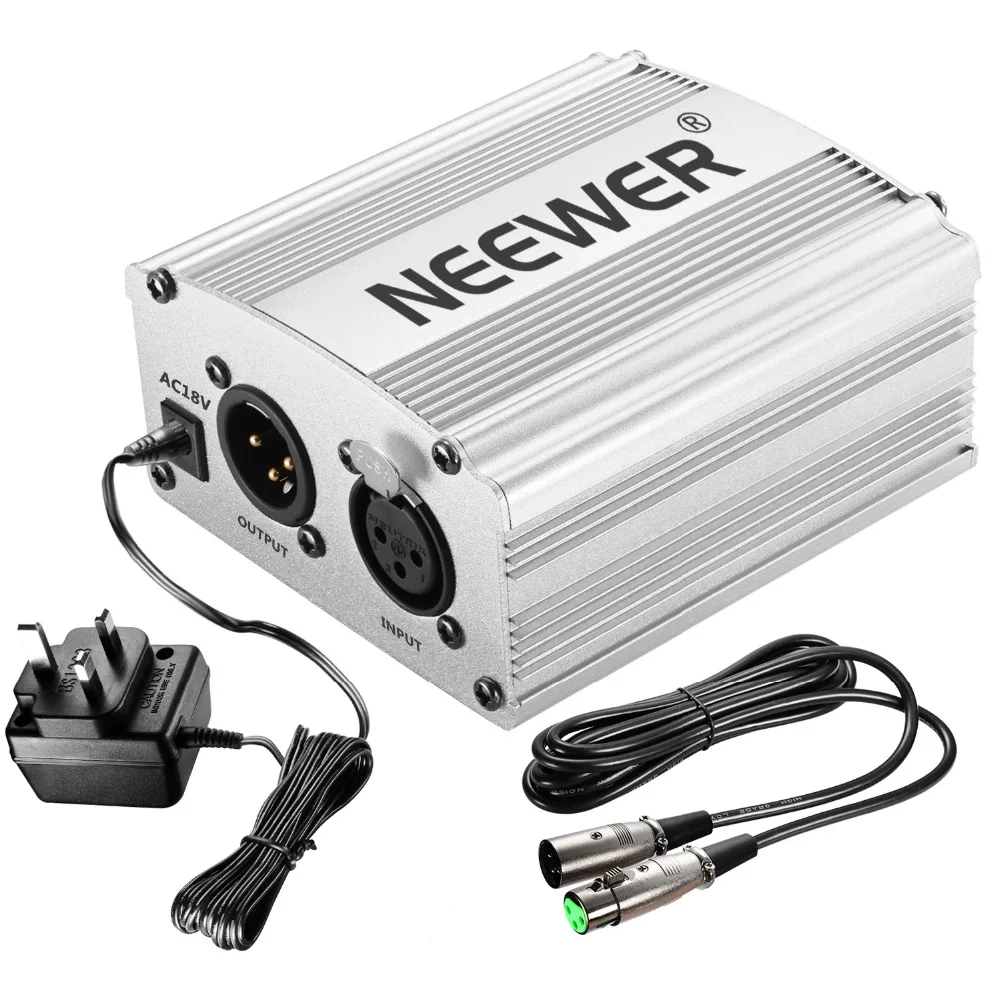 

Neewer 1- Channel 48V Phantom Power Supply Silver Adapter+One XLR Audio Cable for Condenser Microphone Music Recording UK Plug