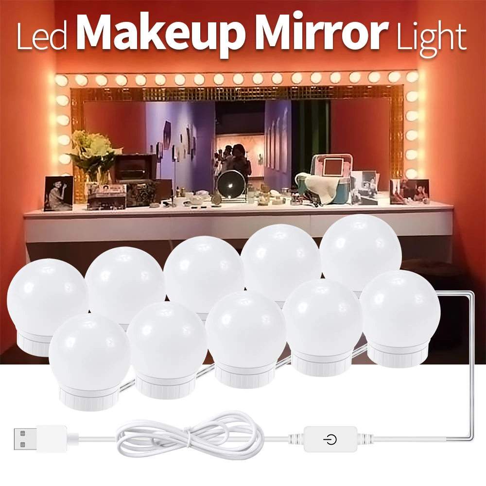 

USB Plug DC12V LED Makeup Mirror Vanity Light Bulbs 2 6 10 14bulbs Nature White Stepless dimmable Hollywood Style LED Wall Lamps