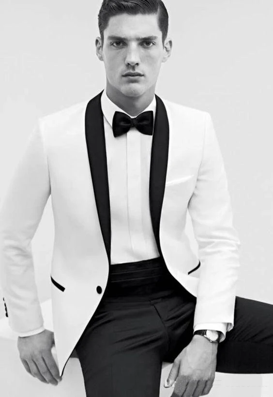 2019 White Tuxedo Jacket Black Lapel Slim Fit Men Suit Custom Made Wedding Tuxedos Mens Prom Suits White Blazers men(Jacket+Pant