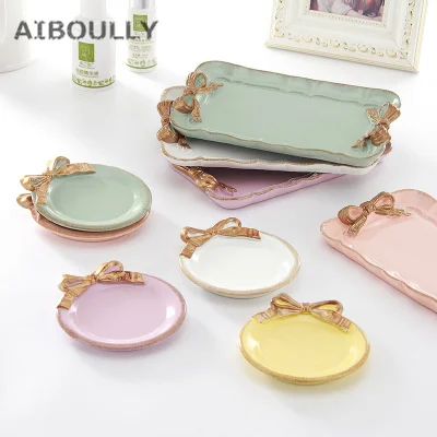 

European Retro Bowknot Resin Small Coasters Plate Creative Handpainted Saucer Jewelry Dish Table Decorative Jewelry Storage