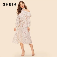 SHEIN винтажное абрикосовое платье с оборками на одно плечо с рукавом с поясом, женское весеннее элегантное Цельнокройное платье миди