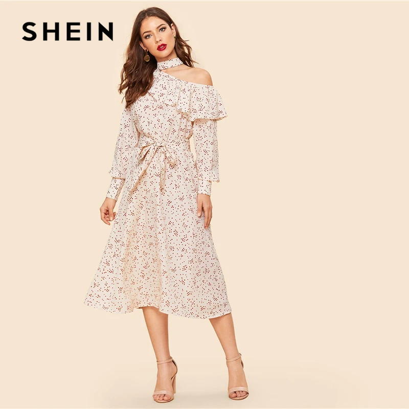 

SHEIN Vintage Apricot Foldover Ruffle One-Shoulder Bishop Sleeve Belted Dress Women Spring Elegant Shift Midi Dresses