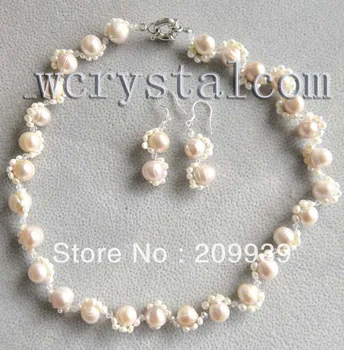 

huij 001835 Genuine purple light pink freshwater cultured pearl necklace earrings set
