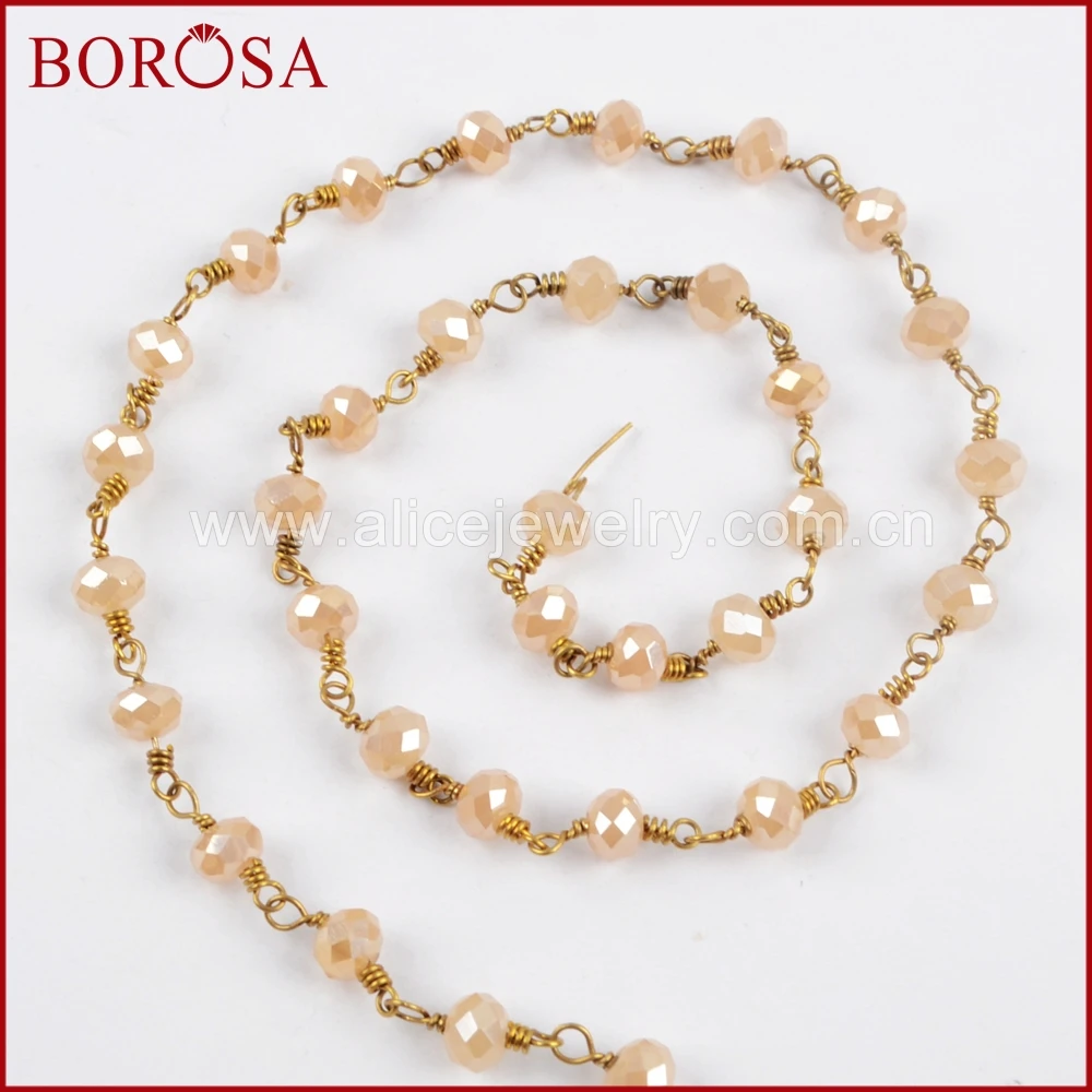 

BOROSA New Arrival Gold Color 6mm Champagne Crystal Faceted Rosary Chain Beaded Chains Drusy for Necklace Jewelry Findings JT203