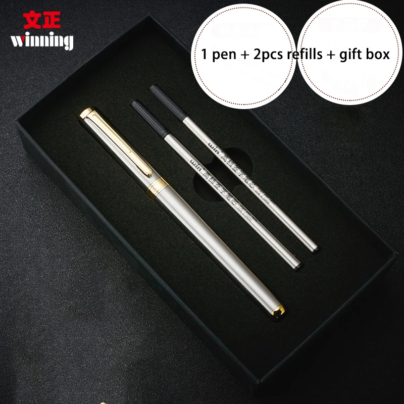 

High-end Business Gift Pen with 2pcs Refill Set Winning 501 Gold/Silver Clip Stainless Steel Roller Ball Pens Writing Stationery