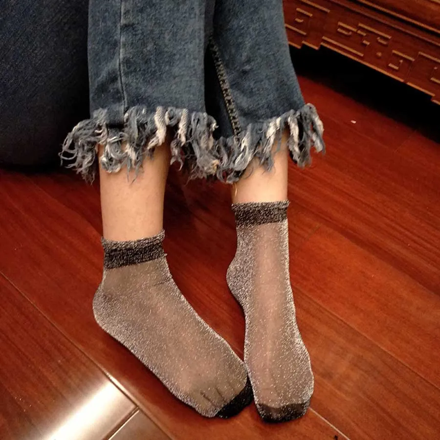 [WPLOIKJD] прозрачный, блестящий носки для девочек европейский стиль красочные ультратонкие для женщин Кристалл Стекло шелк Sox книги по искусству - Цвет: White Socks