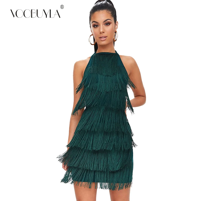 

Voobuyla Women Tassels Halter Strap Backless Sexy Bodycon Party Dress 2019 Summer Runway Dress Fringe Flapper Bandage Mini Dress