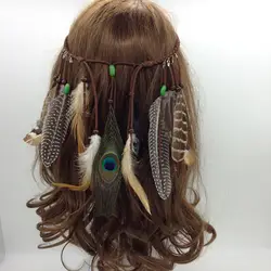 Новый Бохо индийской Павлин повязка на голову с перьями резинка для волос на голове Племенной хиппи вечерние аксессуары для волос для Для