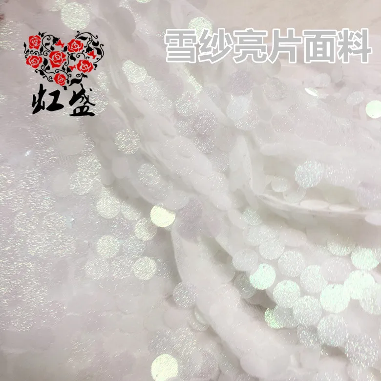 

Aesthetic white color Snow gauze mesh fish scale dress fabric sequins fabric