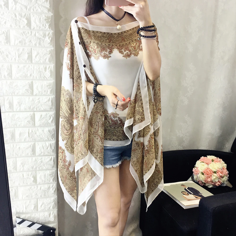 KLV Women's Summer Beach Outdoor Sunscreen Soft V-neck Chiffon Shirt Female Autumn Windproof Scarf Slash Neck Print Blouse Tops KLV Women's Summer Beach Outdoor Sunscreen Soft V-neck Chiffon Shirt Female Autumn Windproof Scarf Slash Neck Print Blouse Tops