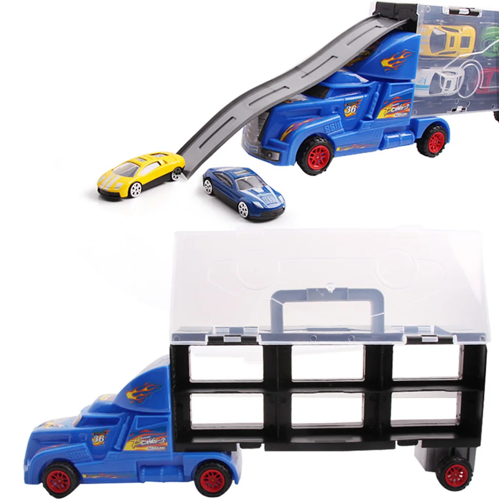 15 pieces/ set Trailer Carrier Container Truck Toy with 12 Mini Car & 2 Tracks Boys Kids Train & Car Vehicle Playset Racing Car