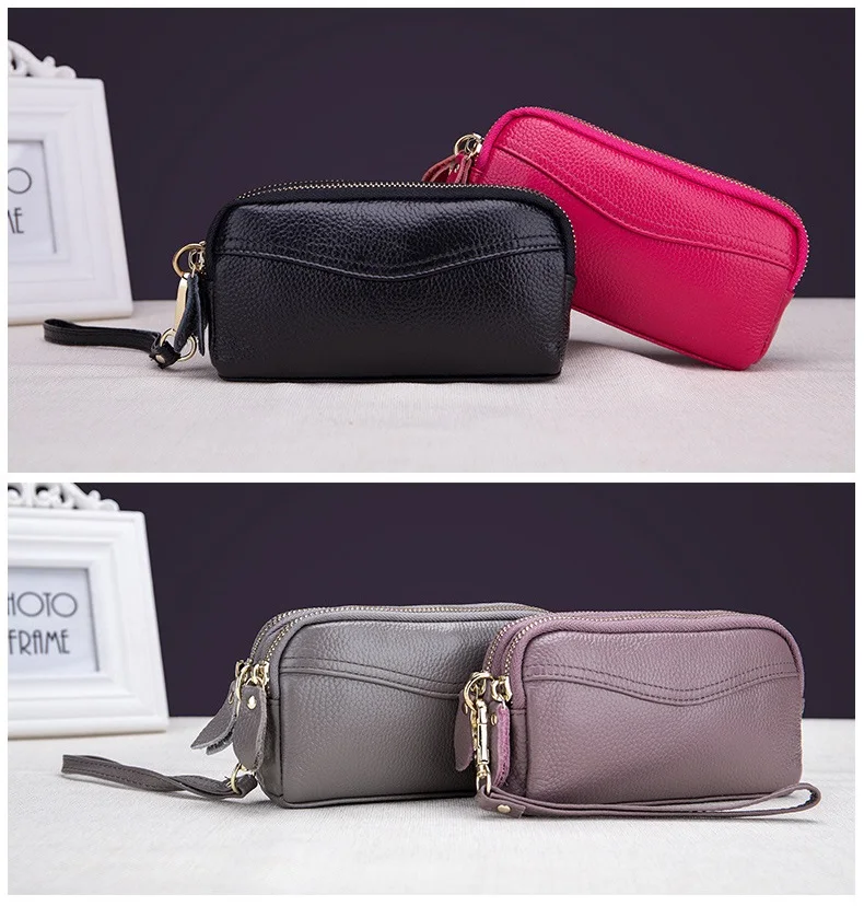 MJ Women Genuine Leather Clutch Bag Double Zipper Solid Cow Leather Day Clutch Small Female Long Wallet Phone Bag High Capacity (6)
