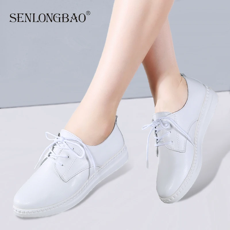 

New Spring Autumn Fashion Soft Genuine Leather Shoes Women Ballet Flat Shoes Ladies Comfortable Lace up White Black Loafers