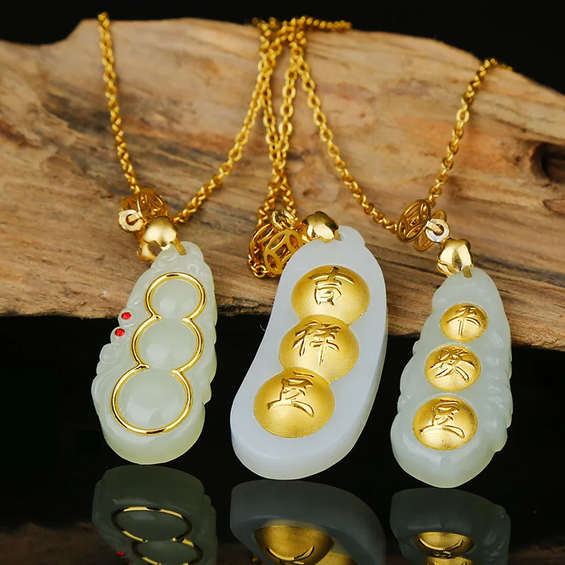 

2019 Sale Choker Necklace Asg Four-bean Pendant And Tian Baiyuzu Gold-inlaid Men Women's Necklace Factory Direct Wholesale