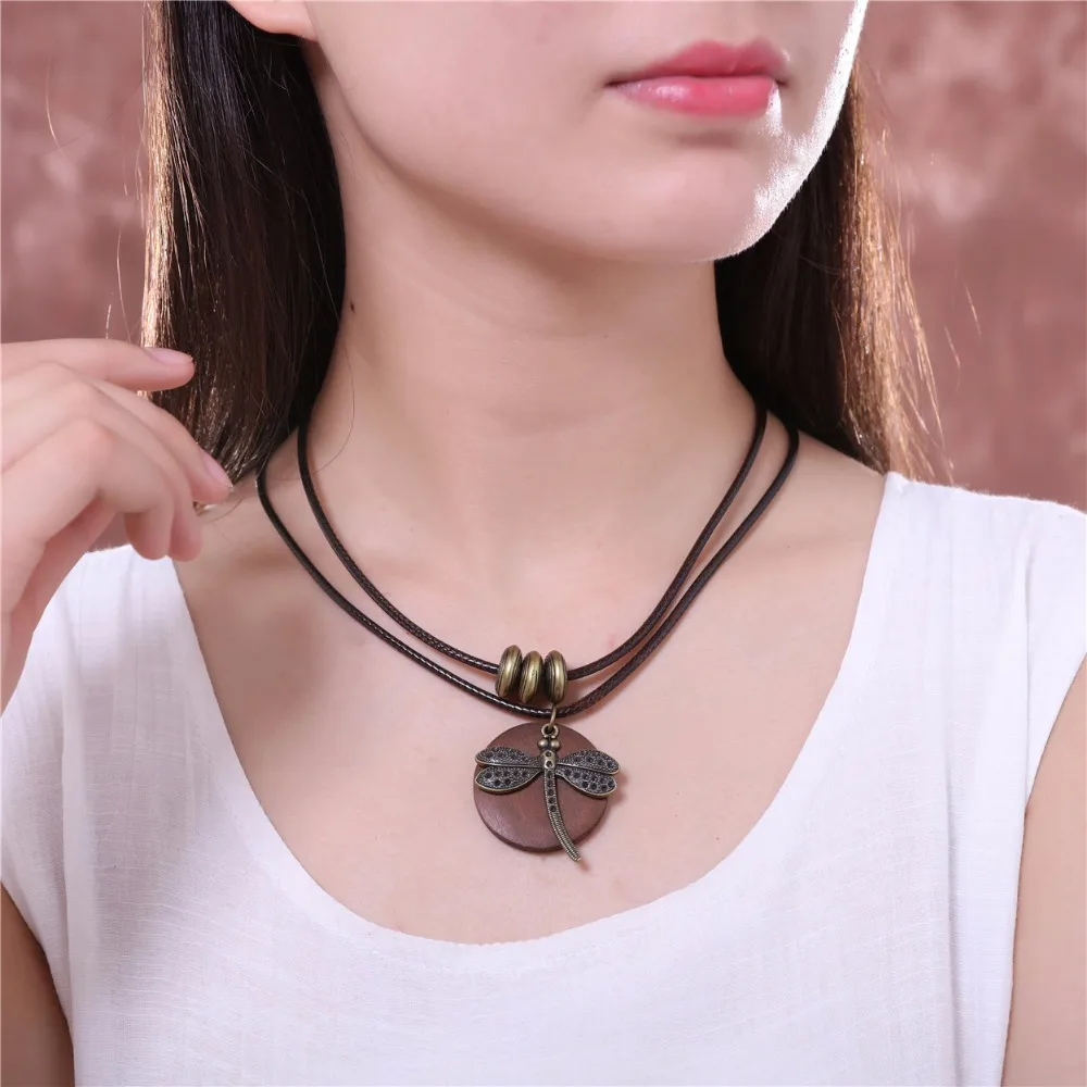 Fashion Choker Woman Necklaces vintage Jewelry Dragonfly Wooden pendant Long necklace for women collares mujer kolye