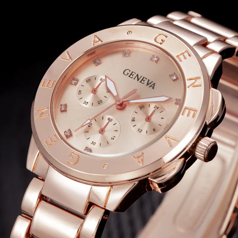 Новые брендовые Женевские часы женские роскошные брендовые кварцевые часы женские золотые часы из нержавеющей стали модные повседневные часы женские часы