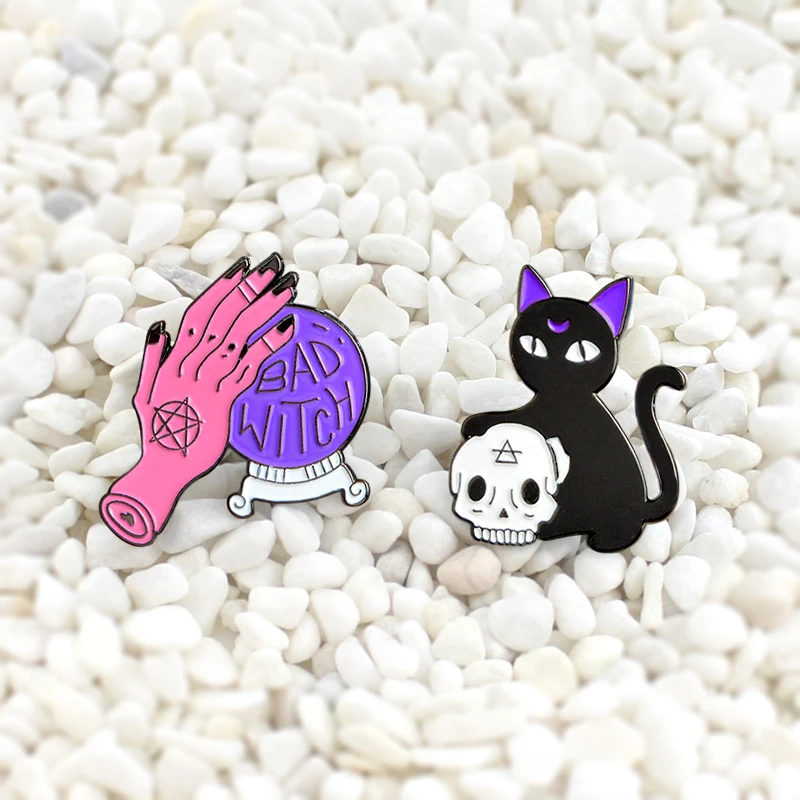 

Bad Witch Purple Crystal Ball and Black Cat with Skull Enamel Pins Cute pagan Pastel Gothic brooch Punk jewelry