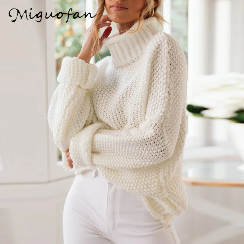 Miguofan, водолазка, белый вязаный свитер, пуловеры, женские джемперы размера плюс, XXXL, повседневные топы, верх размера d, свитера, осень - Цвет: Белый