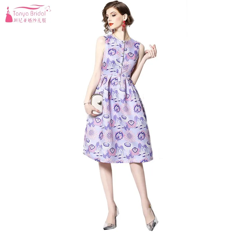 

TANYA BRIDAL Floral Print Simple Short Tea-length Homecoming Dress 2019 A-Line Short Purple O-Neck Formal Graduation Dress JQ459