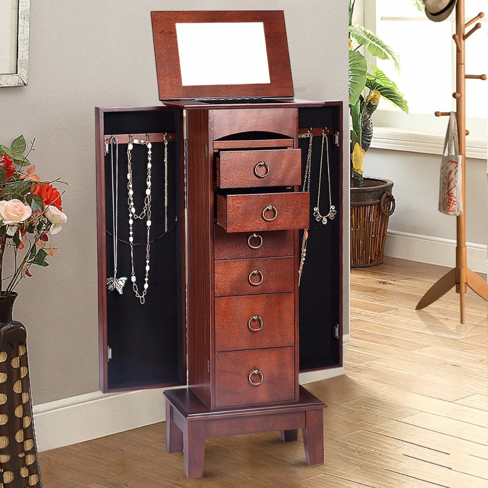 Wood Jewelry Cabinet Armoire Storage Box Chest Stand Chain