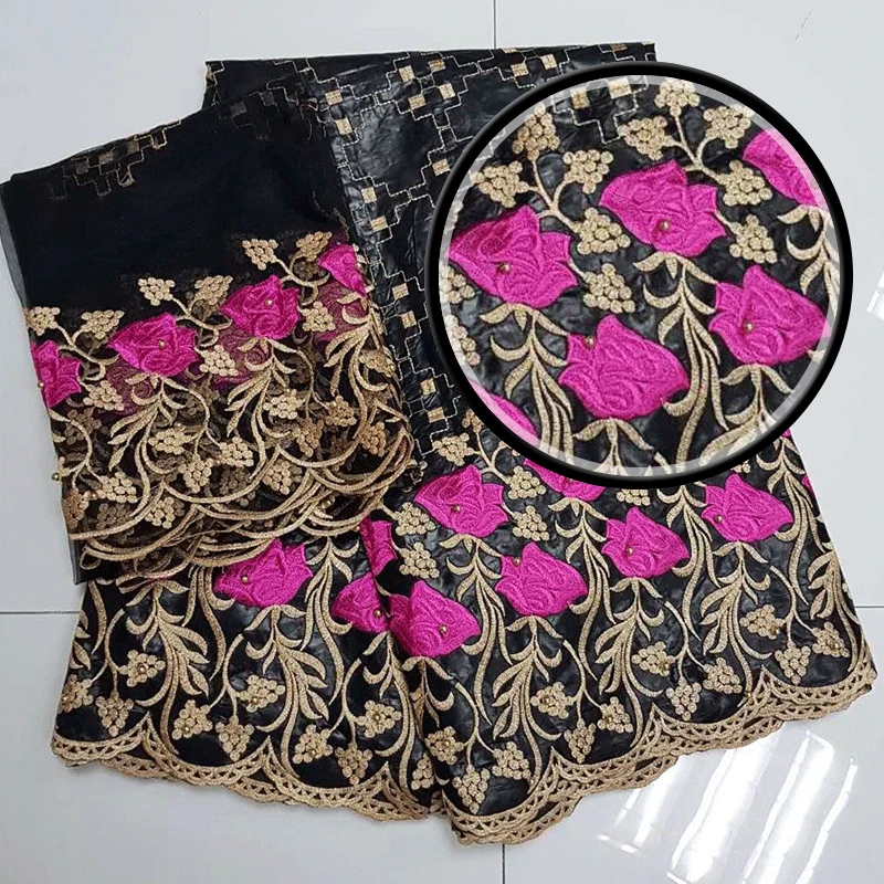 

2018Popular Embroidered With French net Scarf High quality latest African Bazin Riche Lace Fabric For Evening Dress MD842Black