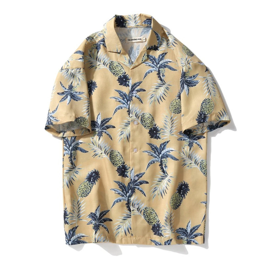 

Summer Short Sleeve Thin Shirt Men's Loose Beach Flower Shirt Seaside Holiday Travel Cartoon Fruit Pineapple Print Shirt Top
