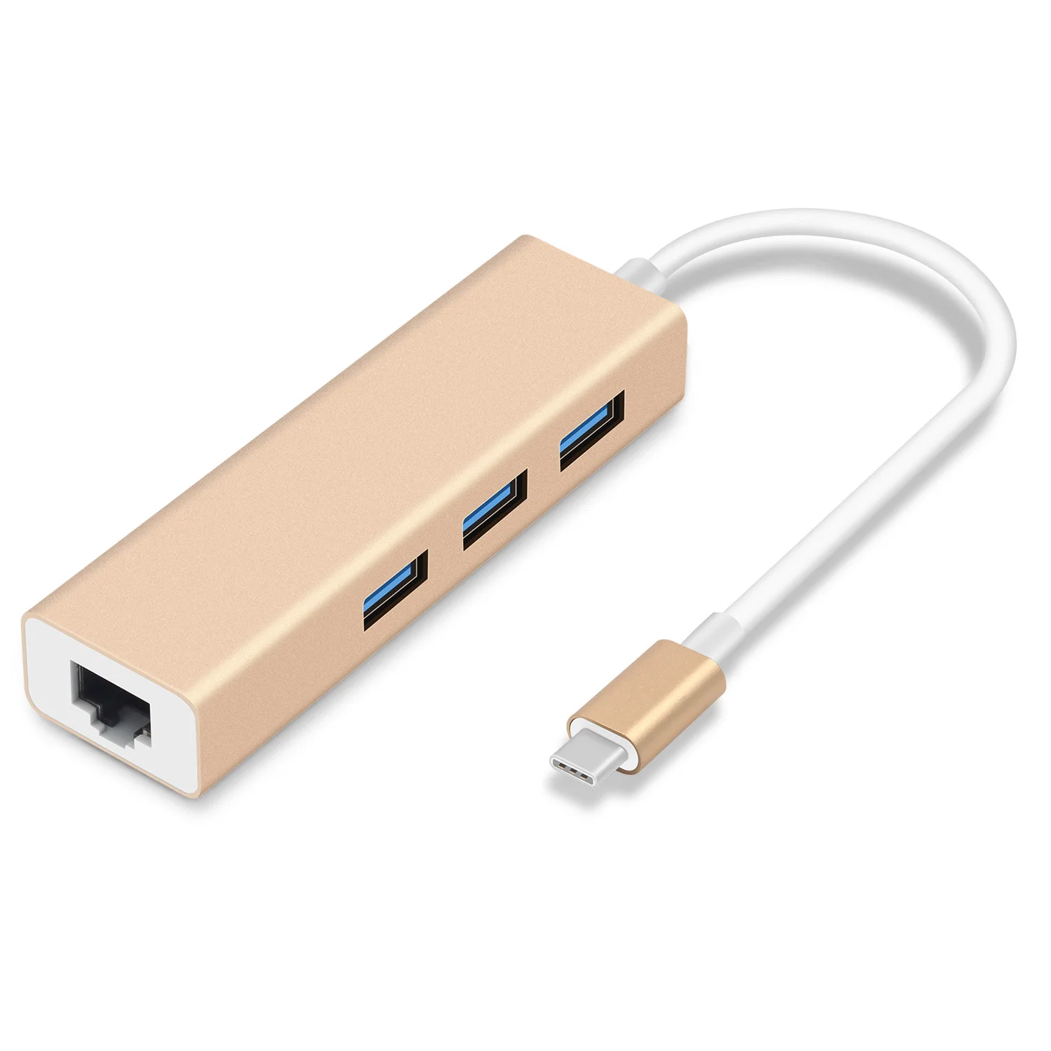 USB C Ethernet RJ45 Lan Adapter Type C to 3 Ports USB 3.0 Hub 10/100/1000Mbps Gigabit Ethernet Network Adapter for Macbook - Цвет: Gold