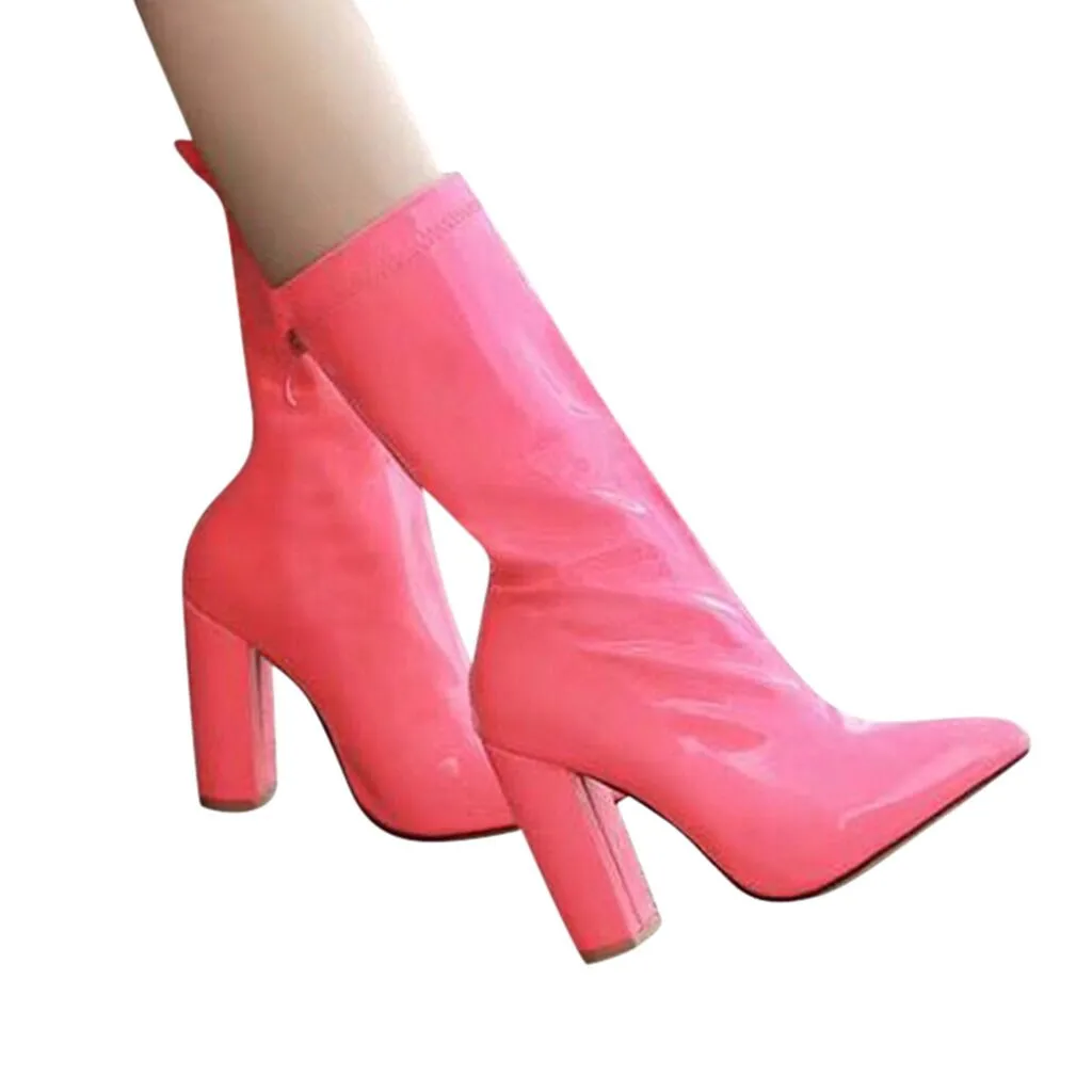 Женские пикантные ботинки г. Яркие Кожаные женские Клубные вечерние зимние ботинки на высоком каблуке с острым носком, стильная теплая обувь до середины икры боковая молния