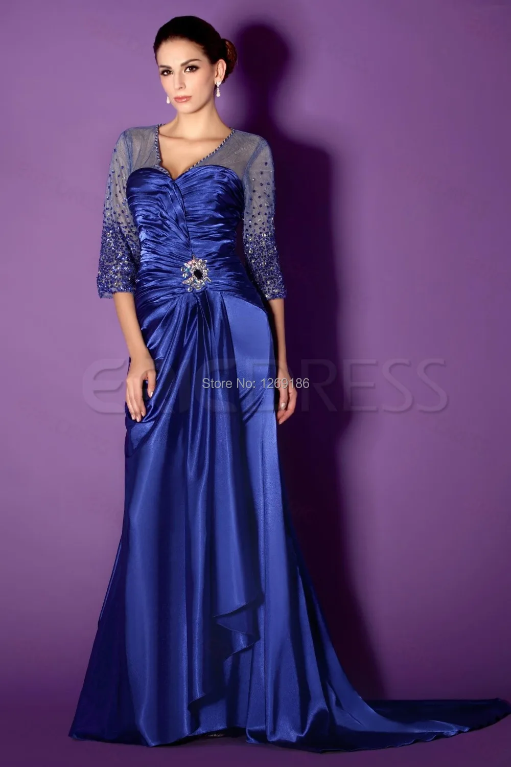Free Shipping 2014 Floor-Length Empire Cap Sleeve Satin With Beadings Mother of the Bride Dresses Evening Wear | Свадьбы и торжества