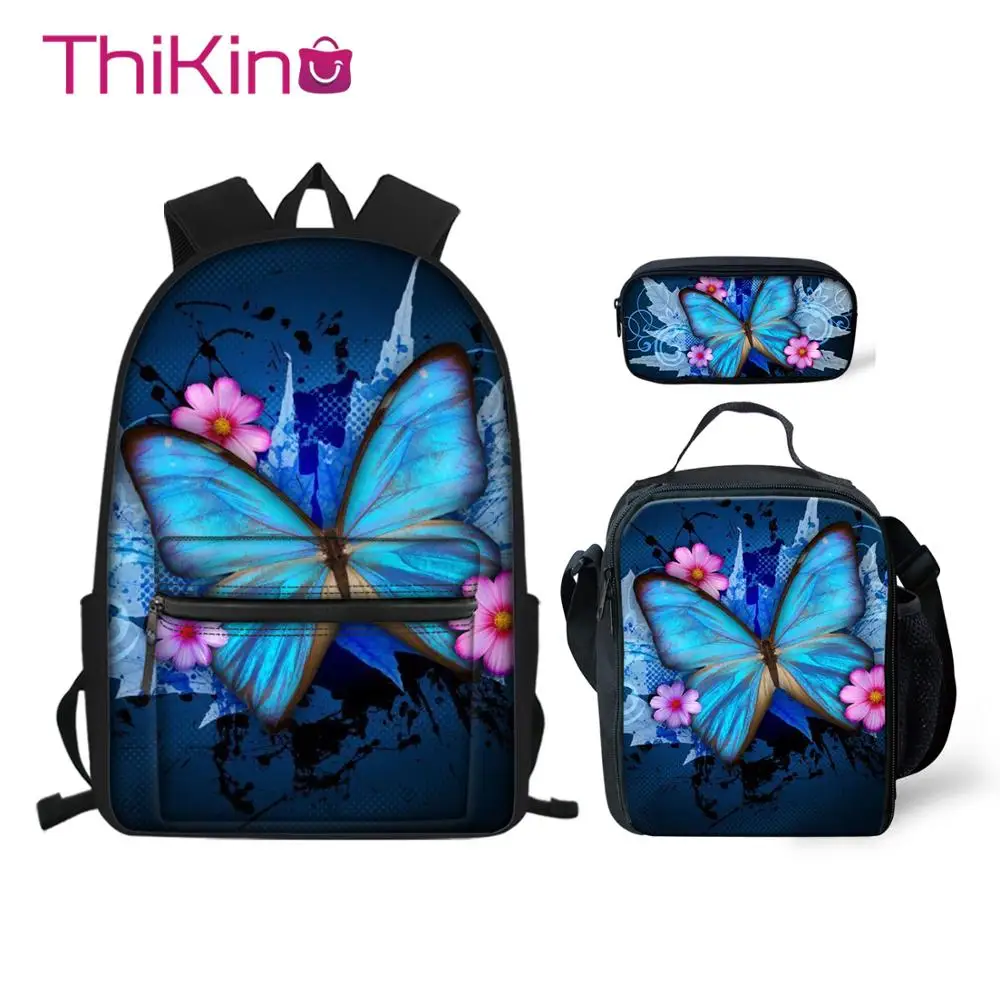 

Thikin Butterfly Animals Pattern School Bags 3pcs/set for Teenagers School Backpack School Supplies Bookbag Lovely Satchel