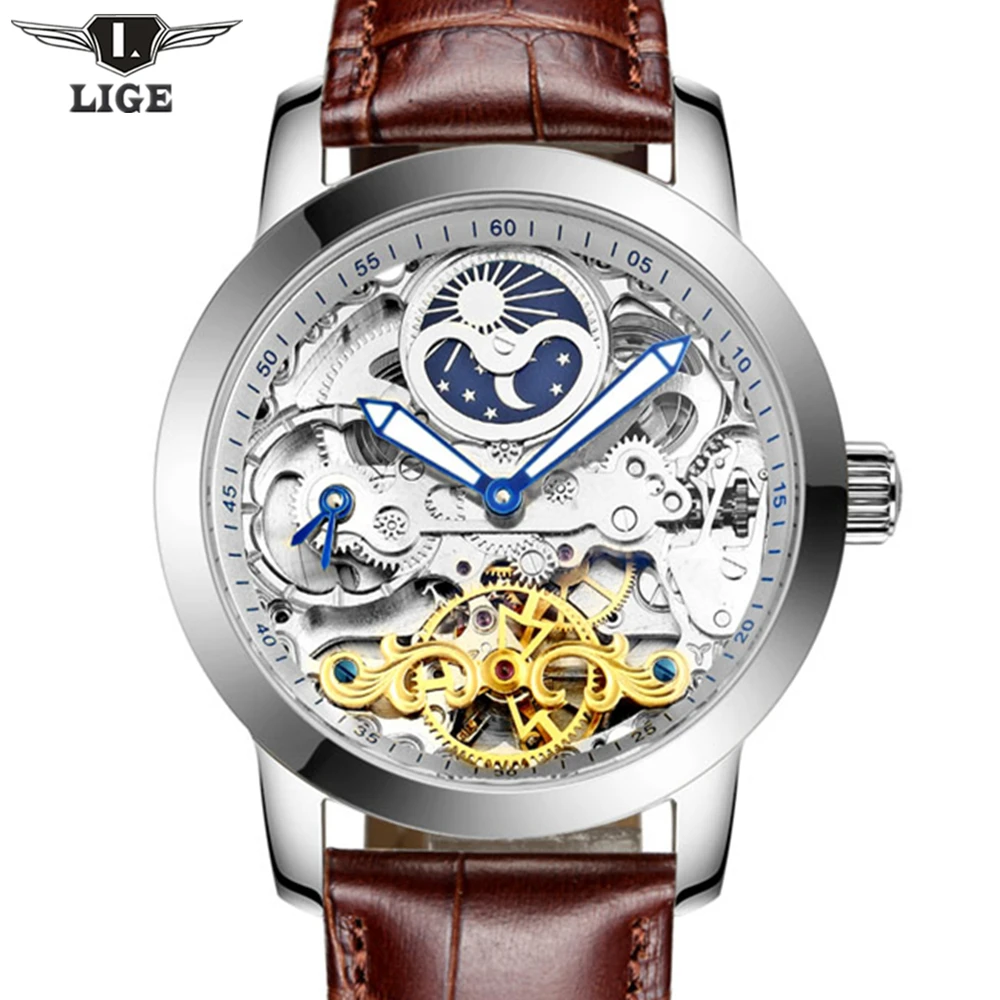 LIGE Mens Watches Top Brand Luxury Automatic Mechanical flywheel Watch