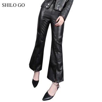 

SHILO GO Leather pants Womens Spring Fashion sheepskin genuine leather pants high waist office lady concise flare pants
