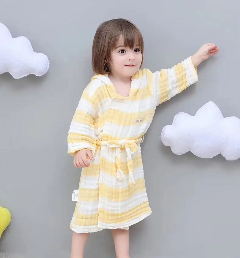 

4Colors Striped Bathrobe children Boy Girl 6 layers Cotton Gauze Hooded Bath Towel Wrap Ultra Soft Strong Water lacing Bathrobes