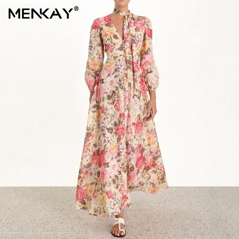

[MENKAY] Print Dress For Women V Neck Bandages Lantern Sleeve High Waist Slim Dresses Female 2019 Fashion Prairie Chic