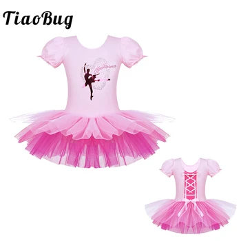 

TiaoBug Children Rhinestones Ballet Tutu Dress Girls Gymnastics Leotard Kids Bubble Sleeves Ballet Leotard Stage Dance Costumes