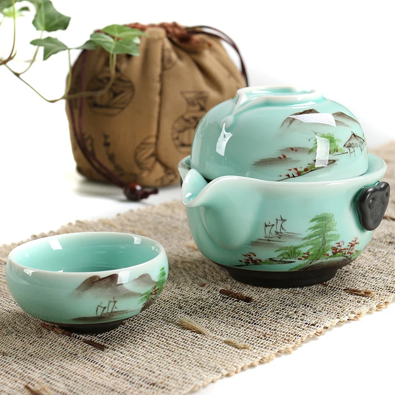 GRANDNESS Longquan Celadon Porcelain High quality elegant gaiwan handpainted Coffee Cup Kung Fu Tea set